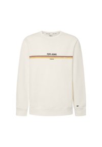 Sudadera de algodón crema con mangas largas, que presenta una franja horizontal en rojo, amarillo y marrón. Texto "PEPE JEANS" impreso en negro.