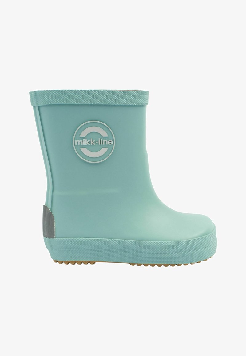 Botte de pluie en caoutchouc turquoise avec une semelle texturée, un logo circulaire sur le côté et une finition lisse. Comprend un talon gris renforcé.