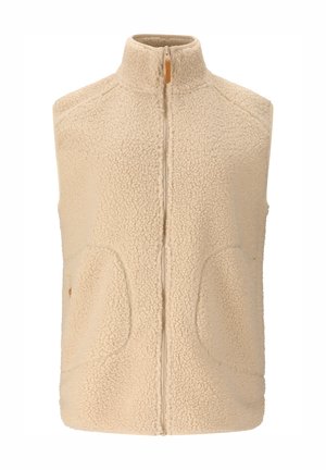 Beige ärmellose Fleeceweste mit Reißverschluss vorne, hohem Kragen und zwei Fronttaschen, gefertigt aus weichem, strukturiertem Stoff.