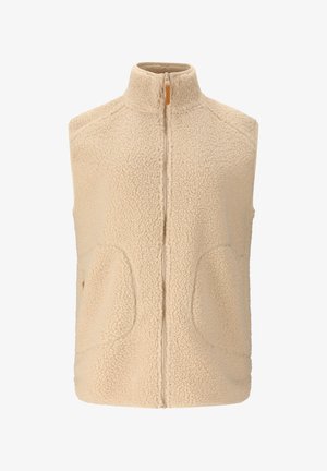Beige ärmellose Fleeceweste mit Reißverschluss vorne, hohem Kragen und zwei Fronttaschen, gefertigt aus weichem, strukturiertem Stoff.
