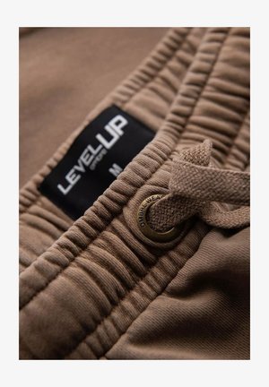 Brown shorts with a gathered waistband, featuring a metal eyelet and drawstring. The label reads "LEVEL UP" in white text.