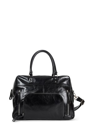 Black leather bag with dual handles, removable strap, front zipper pocket, and soft, glossy texture. Features metal hardware accents.