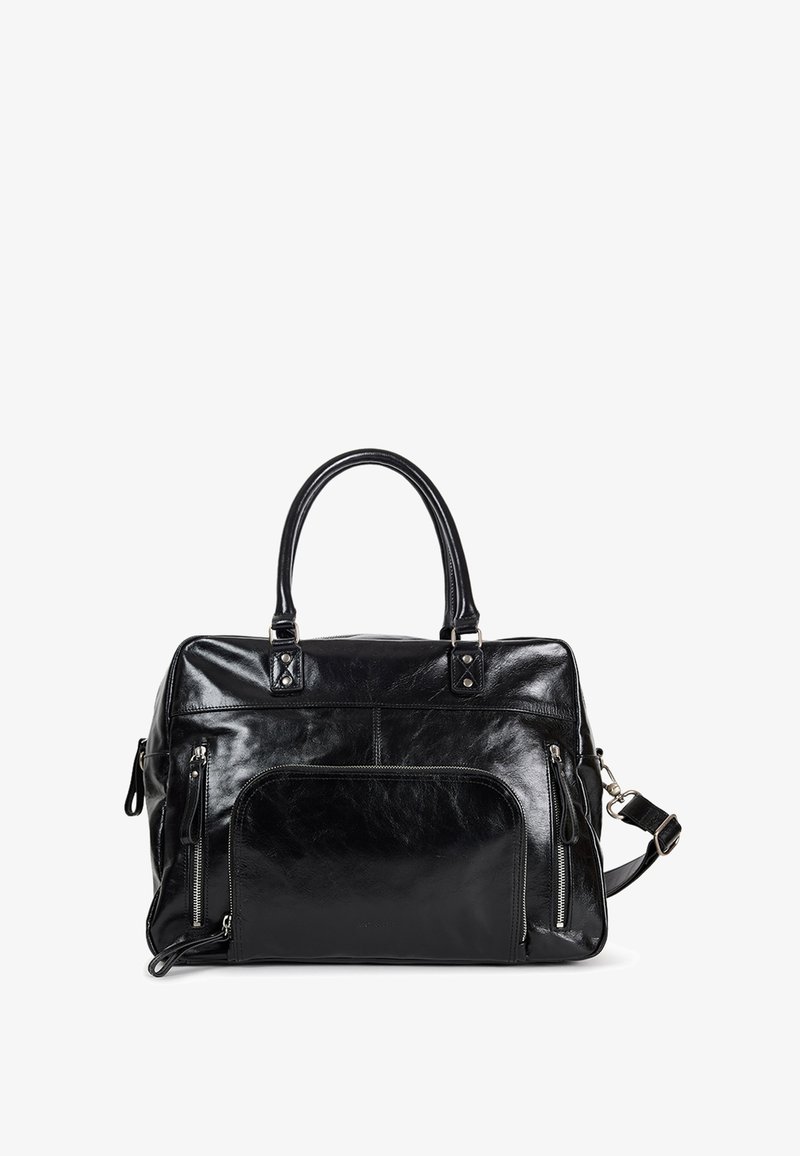 Sac en cuir noir avec double poignées, bandoulière amovible, poche zippée à l'avant et texture douce et brillante. Dispose d'accents en métal.