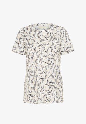 Krótki rękaw w jasnej kremowej kolorystyce z wirującym wzorem w granatowym i beżowym kolorze. Okrągły dekolt, miękka faktura i regularny krój.