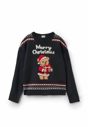 Pull bleu marine avec un ours en peluche tricoté portant un costume de Père Noël, tenant un cadeau. Le texte dit "Joyeux Noël" avec un motif festif en haut.
