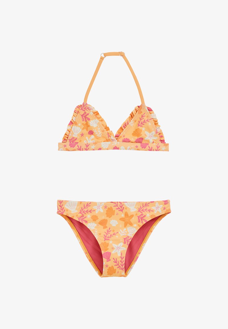Ensemble bikini deux pièces avec un motif floral orange agrémenté de coquillages et de dessins de corail. Détails froncés sur le haut; doublure rose sur le bas.