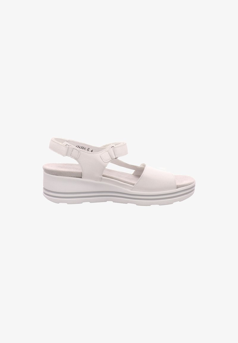 White wedge sandals with adjustable strap, smooth leather upper, cushioned insole, and textured sole. Features a secure design with a modern look.