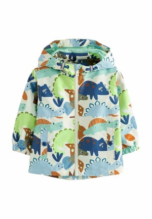 Veste imperméable à capuche pour enfants avec motifs de dinosaures colorés en bleu, vert, orange et marron, fermeture éclair frontale et poignets élastiques.