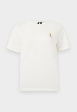 Λευκό T-shirt κοντομάνικο με στρογγυλή λαιμόκοψη, με μικρό γραφικό και κείμενο τυπωμένα στην πάνω αριστερή περιοχή του στήθους.