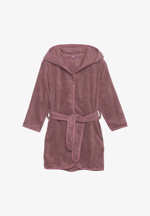 Kapuziger Bademantel in Mauve, aus weichem Frottierstoff. Verfügt über lange Ärmel, einen passenden Gürtel und kontrastierende Abschlüsse entlang der Kanten.