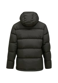 Polstret jakke i mørkegrå med hætte, der har et quiltet design, lange ærmer, elastiske manchetter og en kant, der sidder ved hoften.