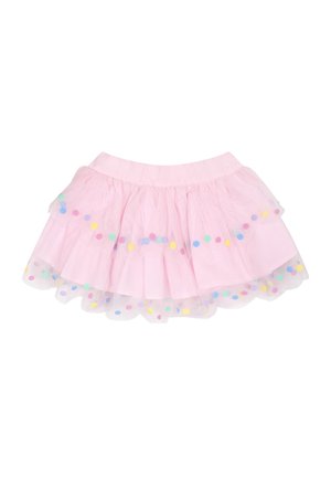 Gonna di tulle rosa con strati di volant e motivi a pois multicolori lungo l'orlo. Vita elasticizzata per una vestibilità ottimale. Materiale morbido e leggero.