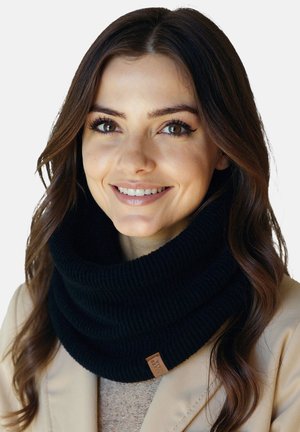 Zwarte geribbelde gebreide colwarmer met een gevouwen ontwerp, voorzien van een klein leren accentlabel. Ziet er zacht en warm uit.