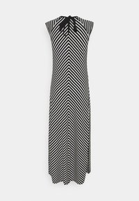 Czarna i biała sukienka bez rękawów z ukośnym wzorem w paski, z wiązaniem na dekolcie z tyłu i zwiewnym, sięgającym kostek krojem.