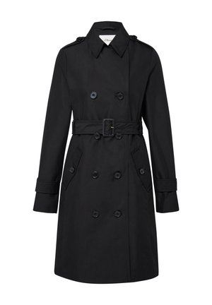Schwarzer Doppelreiher-Trenchcoat mit Gürtel, Reverskragen, geknöpften Schulterklappen, Ärmelriemen und Fronttaschen.