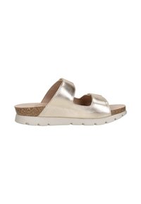 Metallic gold slip-on sandal with two wide straps, cork footbed, and thick white rubber sole, designed for casual wear.