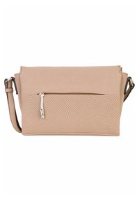 Borsa a tracolla beige realizzata in pelle liscia e perforata. Presenta una tasca frontale con zip e una tracolla regolabile per maggiore versatilità.