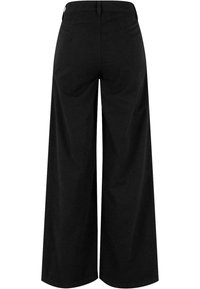 Pantalon noir à jambes larges avec taille haute et poches arrière, vu de dos sur fond blanc.