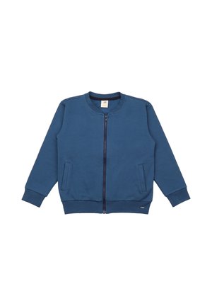 Blauer Sweatshirt mit Reißverschluss aus Baumwollmischung, mit rundem Ausschnitt, zwei Seitentaschen sowie gerippten Bündchen und Saum. Glatte Textur.
