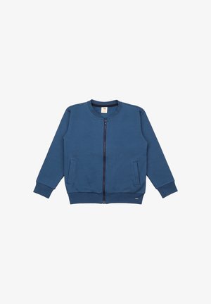 Sudadera azul con cremallera, hecha de mezcla de algodón, que presenta un cuello redondo, dos bolsillos laterales y puños y dobladillo acanalados. Textura suave.