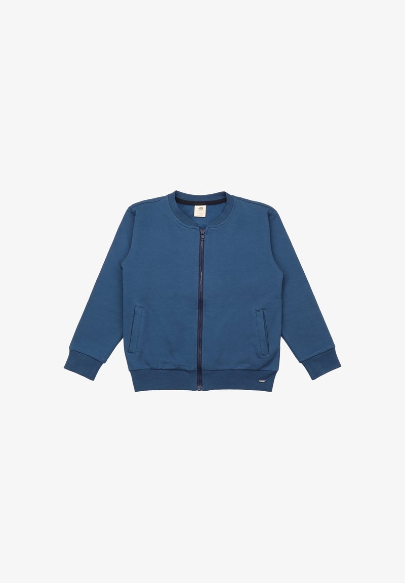 Sweat-shirt zippé bleu en mélange de coton, avec un col rond, deux poches latérales, et des poignets et ourlet côtelés. Texture lisse.