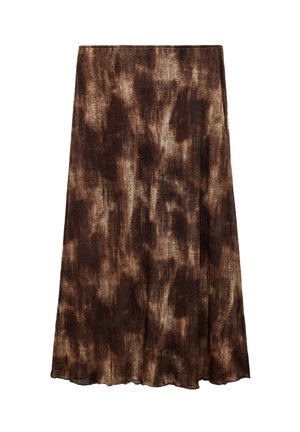 Falda marrón hasta la rodilla con un tejido texturizado y un patrón moteado. El dobladillo es ligeramente curvado, lo que proporciona una apariencia fluida.