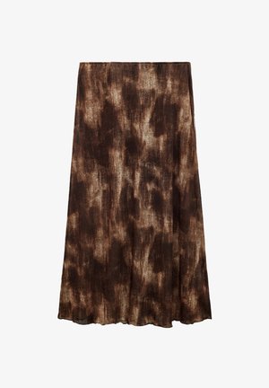 Falda marrón hasta la rodilla con un tejido texturizado y un patrón moteado. El dobladillo es ligeramente curvado, lo que proporciona una apariencia fluida.