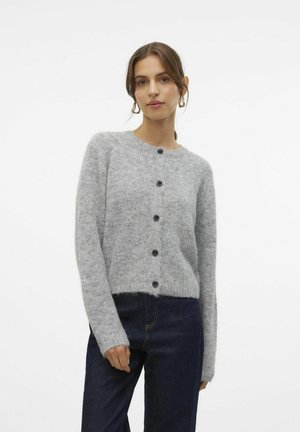 Gray knitted cardigan with a round neckline, six black buttons down the front, and ribbed cuffs, set against a plain white background.