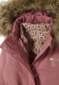 Pink jacket with a faux fur hood, featuring a floral lining and embroidered text "LOVELY GIRL." Snap and zipper closures are visible.