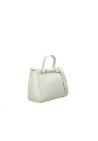 Borsa bianca con una forma strutturata, tessuto testurizzato, logo "ERMANNO" in rilievo sulla parte anteriore e doppio manico per il trasporto.