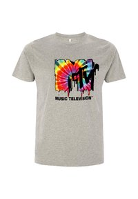 Šedé bavlněné tričko s barevným tie-dye logem MTV a kapajícími akcenty. Text zní "MUSIC TELEVISION" v tučném černém písmu pod logem.