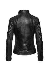 Zwarte lerenjas met lange mouwen, staande kraag en gestikte paneeldetails, van achteren weergegeven op een witte achtergrond.