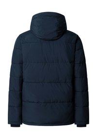 Chaqueta de invierno acolchada azul oscuro con capucha, acolchado horizontal, mangas largas y puños elásticos, vista desde atrás sobre un fondo blanco.