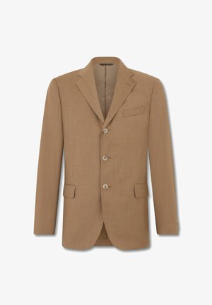 Een enkelrijks lichtbruine blazer met inkeping revers, drie knopen, borstzak en twee klepzakken, van voren getoond.