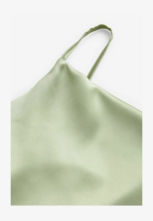 Top en satin vert clair avec des fines bretelles, texture lisse, finition légèrement brillante et design simple et minimaliste.