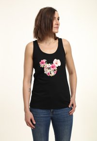 Top nero senza maniche con un motivo floreale a forma di testa di Topolino, con fiori rosa e bianchi sul davanti.