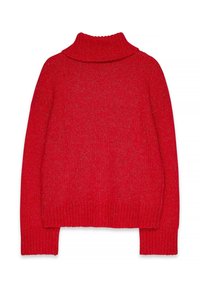 Rdeč pleten pulover z visokim, zloženim ovratnikom. Ima rebrast pas in manšete. Tekstura tkanine z rahlim leskom in sproščenim krojem.