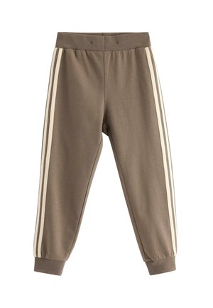 Brune sweatpants med hvide sidelister, elastisk talje og manchetter. Lavet af blødt stof, der giver en afslappet og komfortabel pasform.