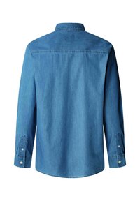 Denim košulja, svjetloplava, dugih rukava, s dugmadi na rukavima, klasičnog kragna, glatke teksture, pogled straga, bez uzoraka ili dodatnih detalja.