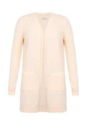 Jasno beżowy kardigan z dekoltem w serek, otwartym przodem, dwiema przednimi kieszeniami oraz ściągaczami przy mankietach i dół. Wykonany z miękkiej, dzianinowej tkaniny.