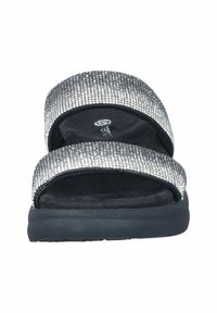 Slide sandals with two wide, silver rhinestone-adorned straps, black soft footbed, and a thick black rubber sole.