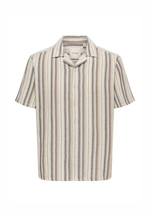 Kreemivärvi lühikeste varrukatega särk, millel on horisontaalsed triibud pruuni tooni. Särgil on nööpidega esiosa ja pehme, tekstuuriga kangas.