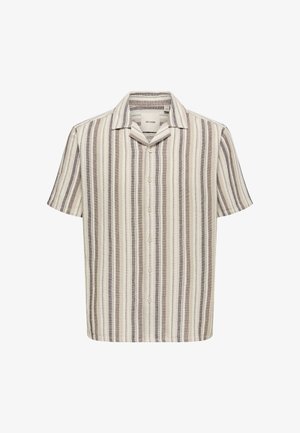 Kreemivärvi lühikeste varrukatega särk, millel on horisontaalsed triibud pruuni tooni. Särgil on nööpidega esiosa ja pehme, tekstuuriga kangas.