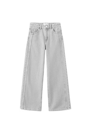 Jean en denim gris clair à jambes larges avec poches avant, passants pour ceinture, fermeture par bouton et petits clous décoratifs le long des bords des poches.