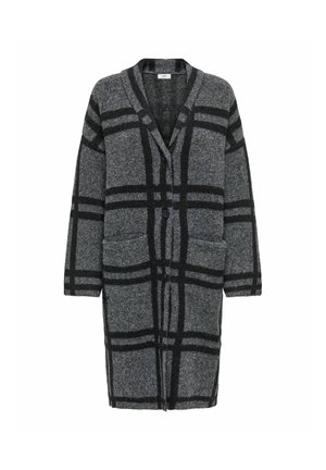 Cardigan grigio lungo con un motivo a quadri neri, realizzato in un tessuto testurizzato, con scollo a V, maniche lunghe e due tasche frontali.