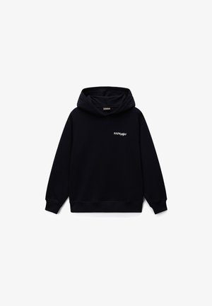 Sweat à capuche noir à manches longues avec le logo « NAPApijri » sur le côté gauche de la poitrine, présenté sur un fond blanc.