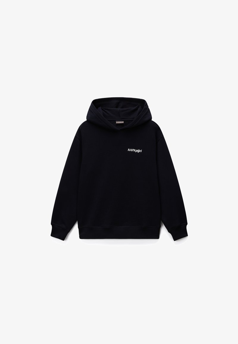 Μαύρο φούτερ με κουκούλα και μακριά μανίκια, με το λογότυπο "NAPApijri" στο αριστερό στήθος, παρουσιάζεται σε λευκό φόντο.
