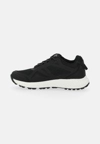 Black athletic shoe with a mesh upper, textured detailing, and white rubber sole. Features flat laces and a rear pull tab for easy wear.