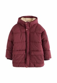 Burgundi színű, kapucnis steppelt dzseki, puha, krém színű béléssel, két elülső zsebbel és patentos záródással. Texturált külső.