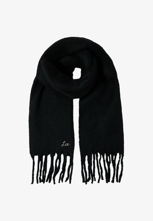 Bufanda negra con flecos en los extremos, hecha de material suave. Presenta un discreto texto bordado "Lee" en una fuente cursiva en un lado.